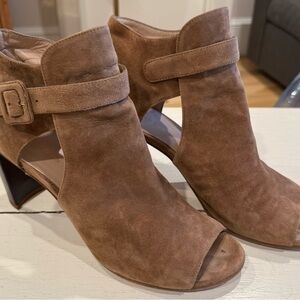 Stuart Weitzman Tan Suede Peep-Toe Ankle Clog Heels